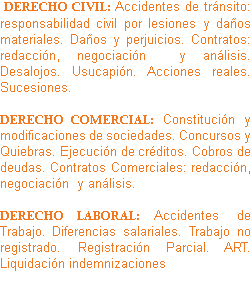 &nbsp;DERECHO CIVIL: Accidentes de tránsito: responsabilidad civil por lesiones y daños materiales. Daños y perjuicios. Contratos: redacción, negociación y análisis. Desalojos. Usucapión. Acciones reales. Sucesiones. DERECHO COMERCIAL: Constitución y modificaciones de sociedades. Concursos y Quiebras. Ejecución de créditos. Cobros de deudas. Contratos Comerciales: redacción, negociación y análisis. DERECHO LABORAL: Accidentes de Trabajo. Diferencias salariales. Trabajo no registrado. Registración Parcial. ART. Liquidación indemnizaciones
