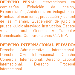 DERECHO PENAL: Intervenciones en comisarías. Eximición de prisión, Excarcelación, Asistencia en indagatorias. Pruebas: ofrecimiento, producción y control de las mismas. Suspensión de juicio a prueba. Juicio abreviado. Instrucción. Debate y Juicio oral. Querella y Particular Damnificado. Contravenciones C.A.B.A. DERECHO INTERNACIONAL PRIVADO: Derecho Administrativo Internacional. Derecho Civil Internacional. Derecho Comercial Internacional. Derecho Laboral Internacional. Derecho Procesal Internacional.
