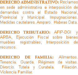 DERECHO ADMINISTRATIVO: Reclamos en sede administrativa e interposición de demandas contra el Estado Nacional, Provincial y Municipal. Impugnaciones. Medidas cautelares. Amparo. Habeas Data. DERECHO TRIBUTARIO: AFIP-DGI y ARBA, Ejecución Fiscal sobre bienes muebles registrables, Interposición de recursos. DERECHO DE FAMILIA: Alimentos. Tenencia. Guarda. Régimen de visitas. Divorcio. Tutela y Curatela. Filiación. Violencia Familiar.
